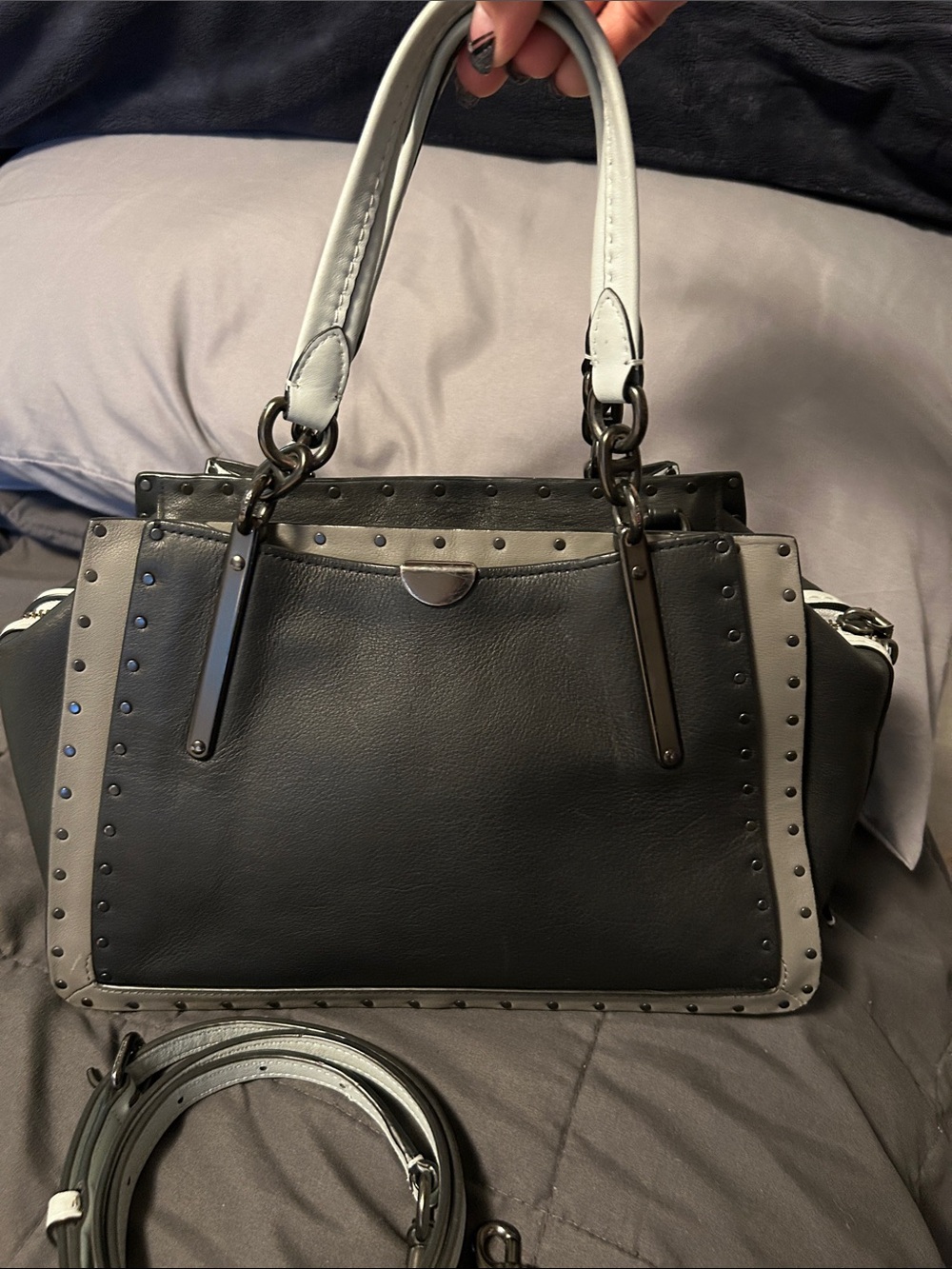 Coach Dreamer 27 Black, Light Gray, and Baby Blue Studded Leather Satchel - Picture 2 of 13